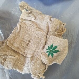 Natural Jute Backpack with Green Leaf Accent